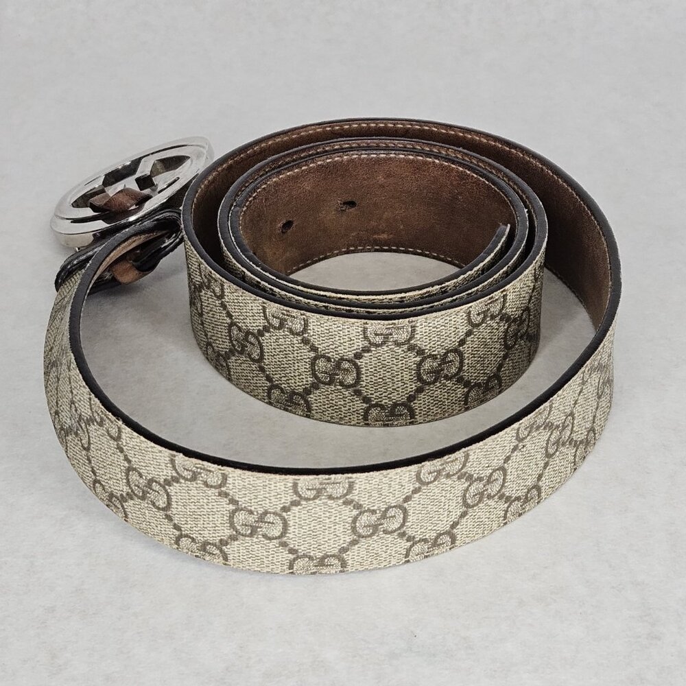 Men's Gucci Supreme GG Canvas Leather Belt 51 Inches Long 1.5" Wide 1 Tear - Picture 3 of 12